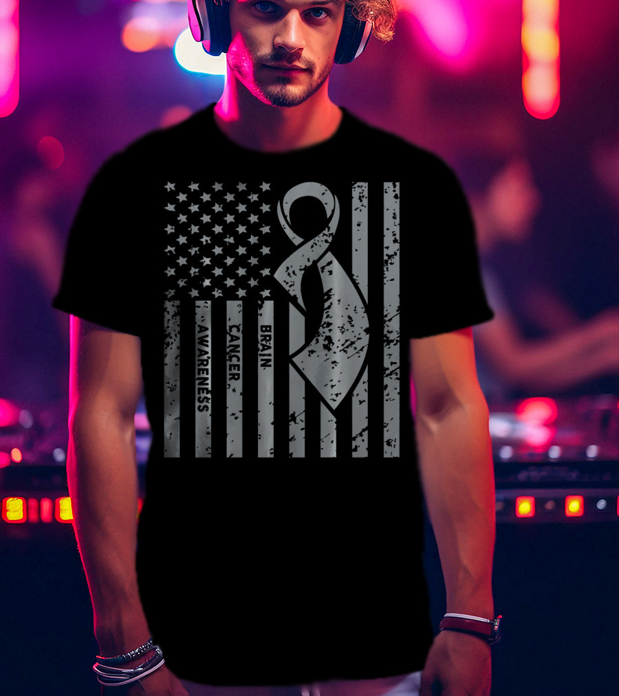 Brain Cancer Awareness Ribbon American Flag T-Shirt