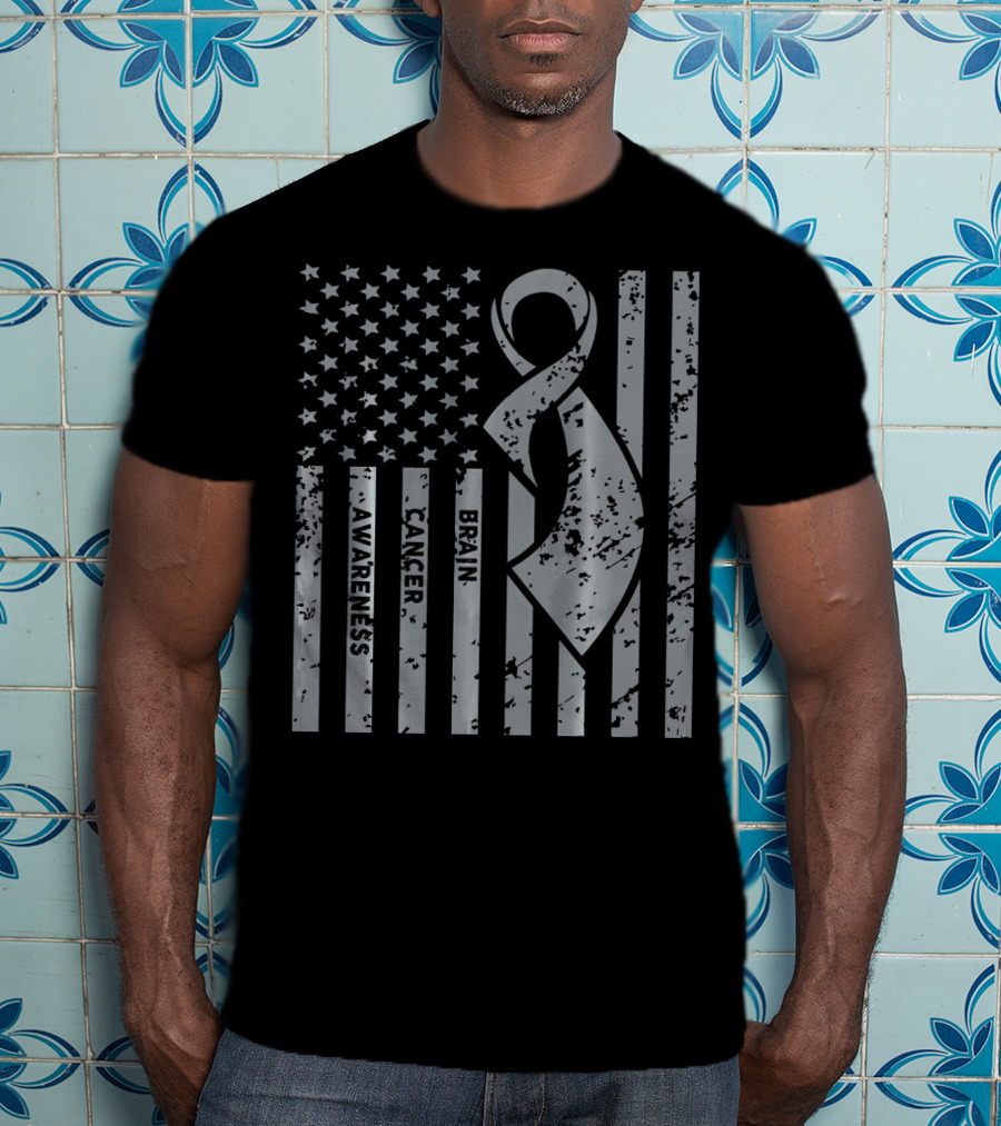 Brain Cancer Awareness Ribbon American Flag T-Shirt