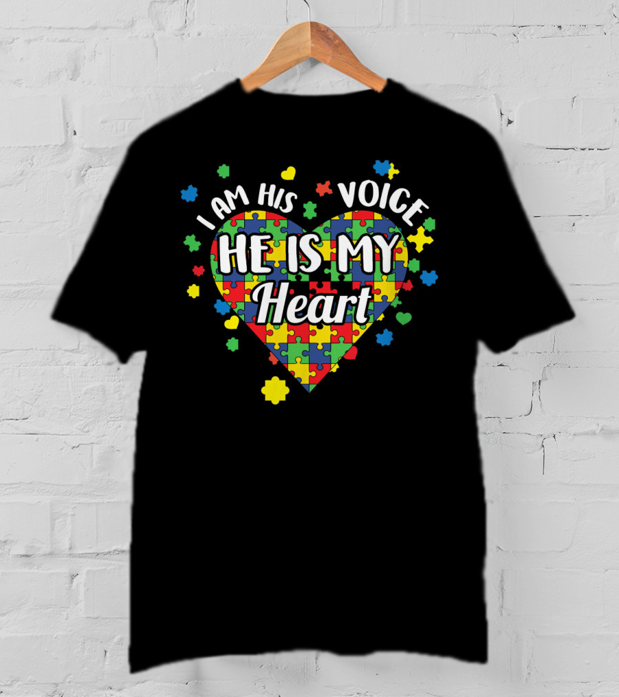 I Am His Voice He Is My Heart Autism Awareness Puzzle Heart T-Shirt