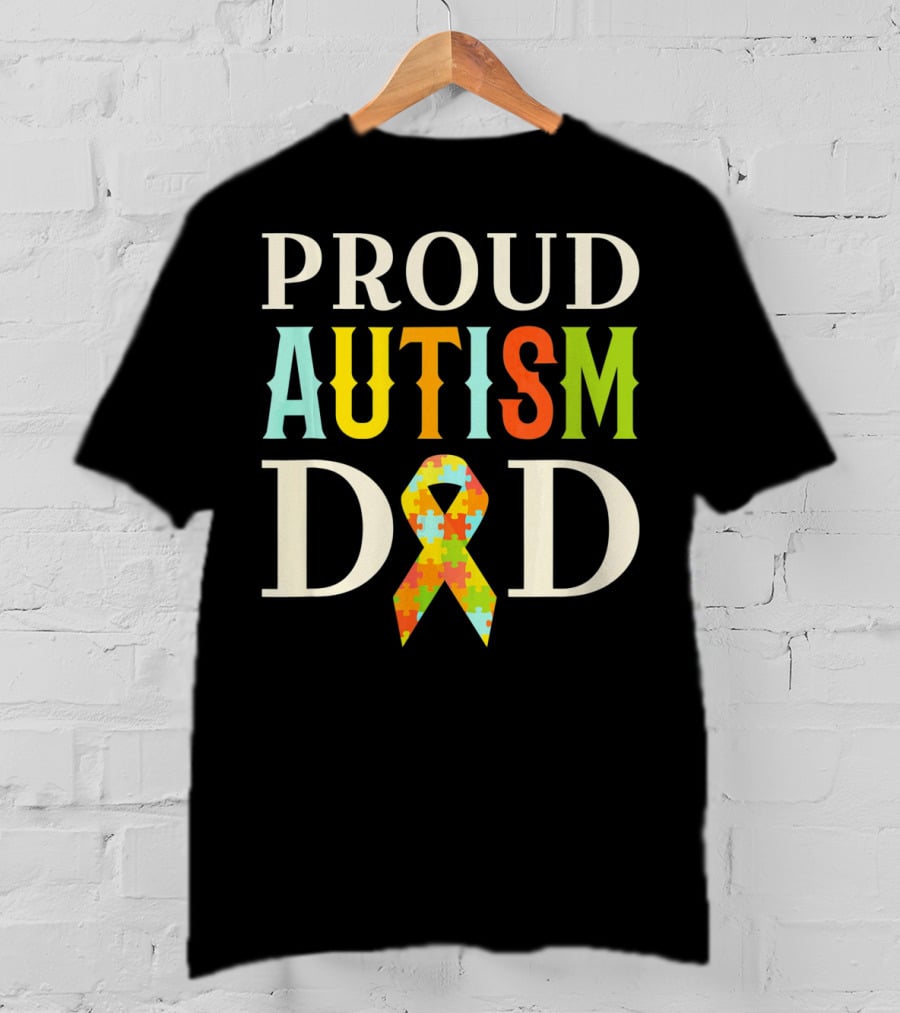 Proud Autism Dad Multicolor Puzzle Ribbon Awareness T-Shirt