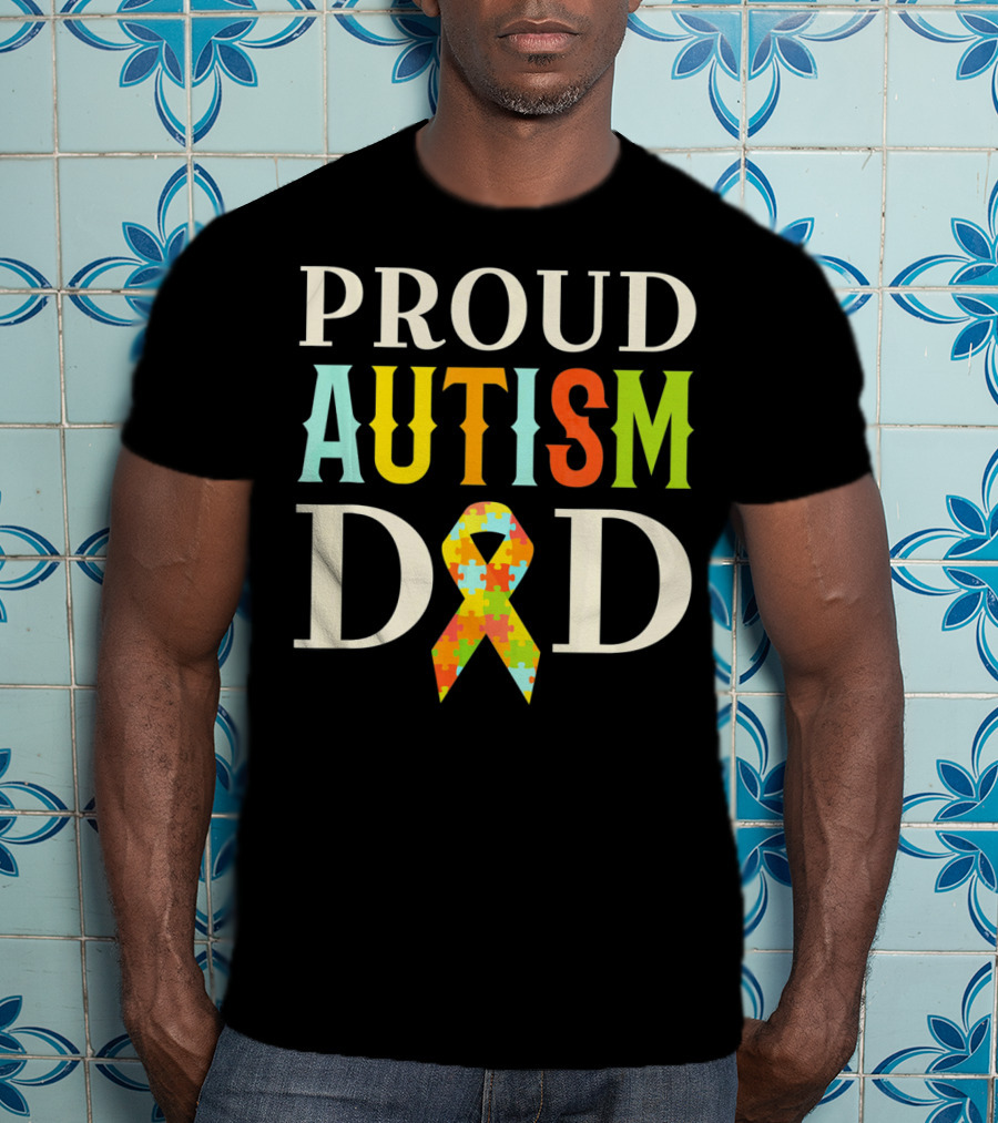 Proud Autism Dad Multicolor Puzzle Ribbon Awareness T-Shirt