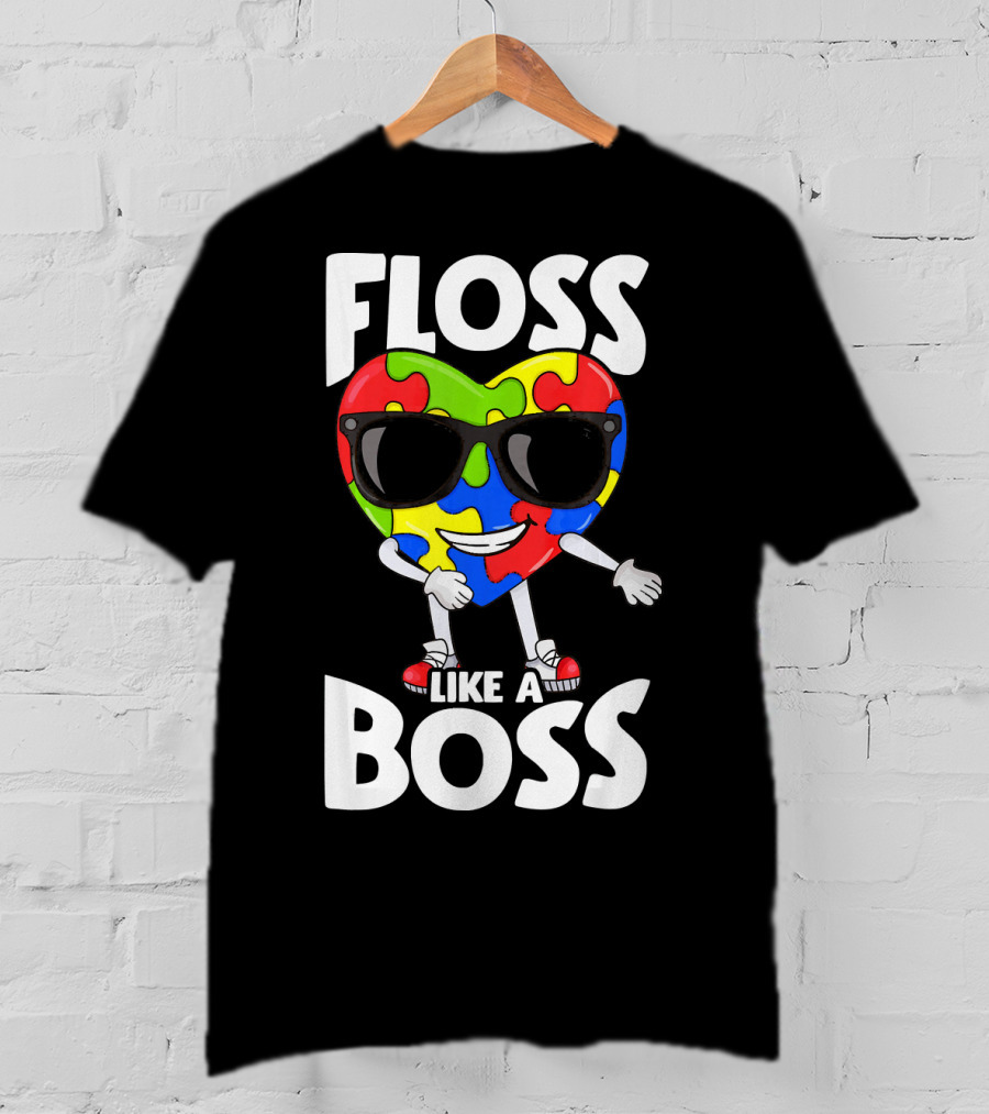 Autism Awareness Floss Like A Boss Puzzle Heart Wearing Sunglasses T-Shirt