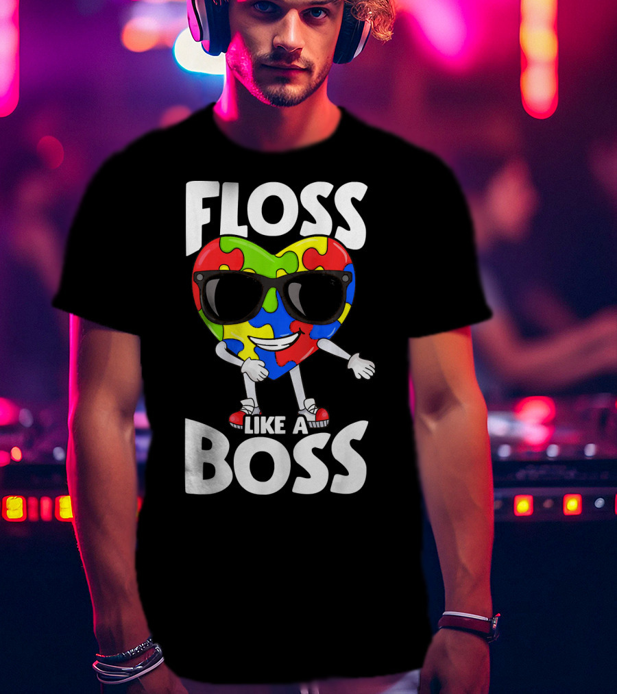 Autism Awareness Floss Like A Boss Puzzle Heart Wearing Sunglasses T-Shirt