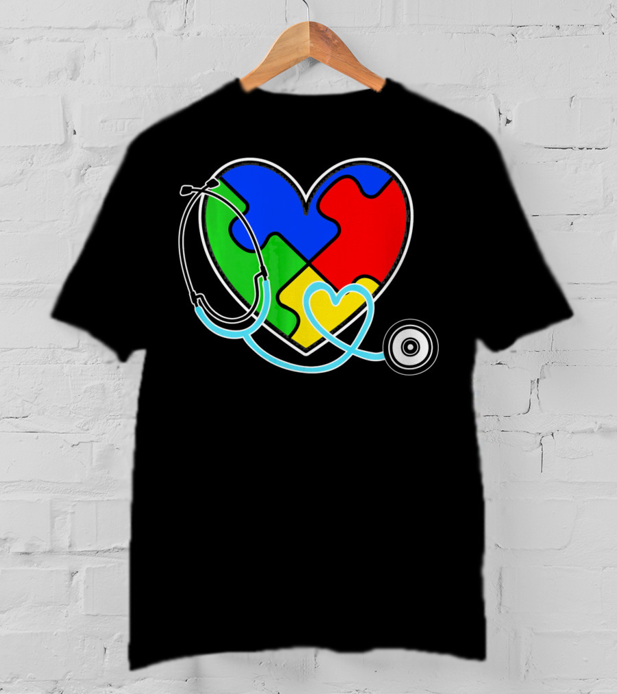 Nurses Autism Awareness Heart With Puzzle Pieces And Stethoscope T-Shirt