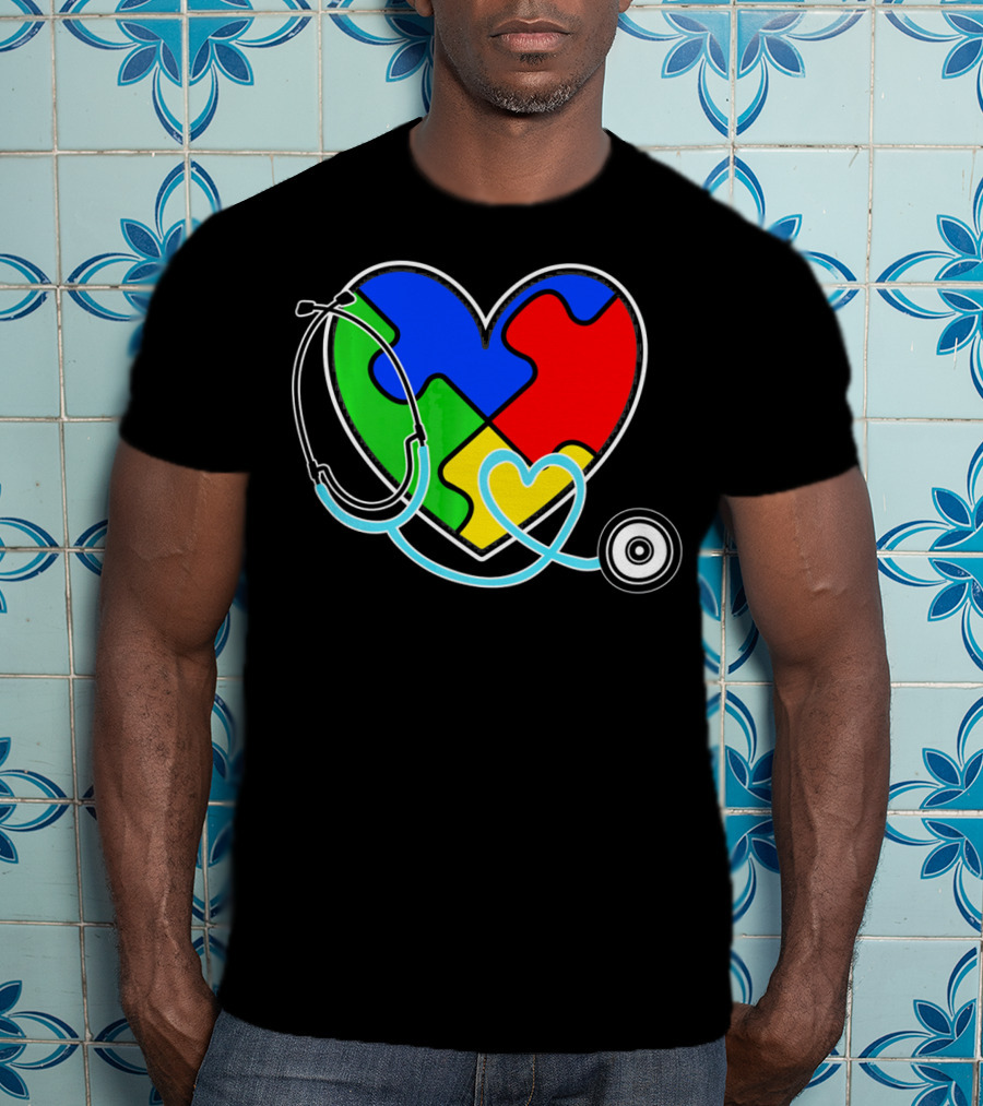 Nurses Autism Awareness Heart With Puzzle Pieces And Stethoscope T-Shirt