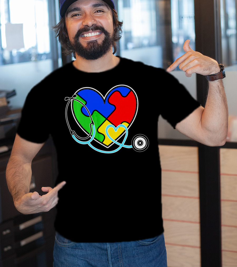 Nurses Autism Awareness Heart With Puzzle Pieces And Stethoscope T-Shirt