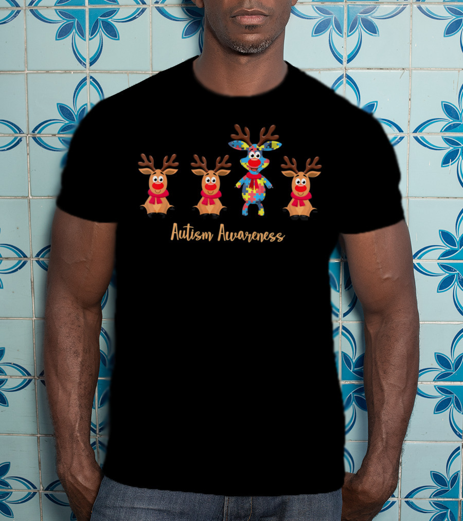 Autism Awareness Reindeer With Puzzle Pattern Symbols T-Shirt