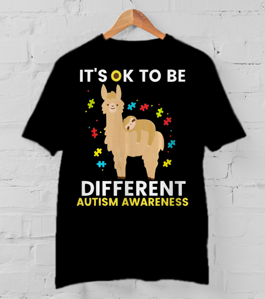It's OK To Be Different Llama Sloth Autism Awareness T-Shirt