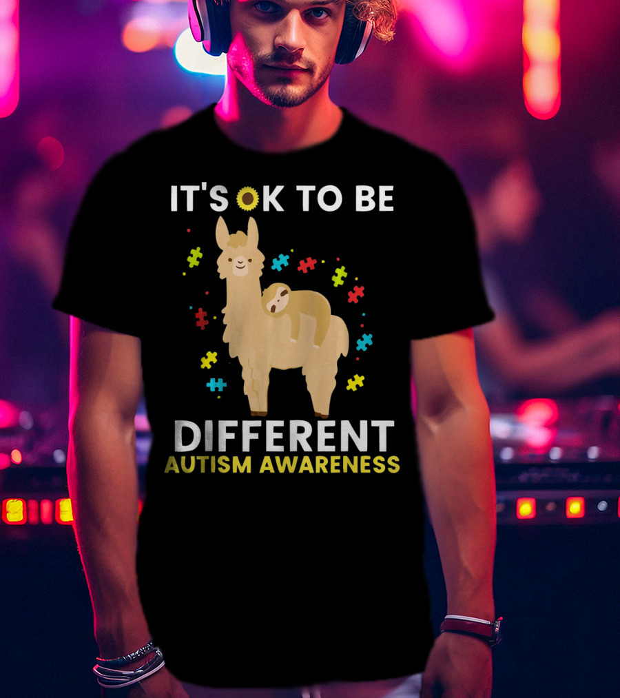 It's OK To Be Different Llama Sloth Autism Awareness T-Shirt