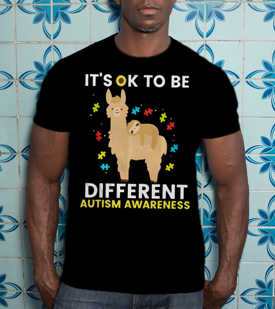 It's OK To Be Different Llama Sloth Autism Awareness T-Shirt