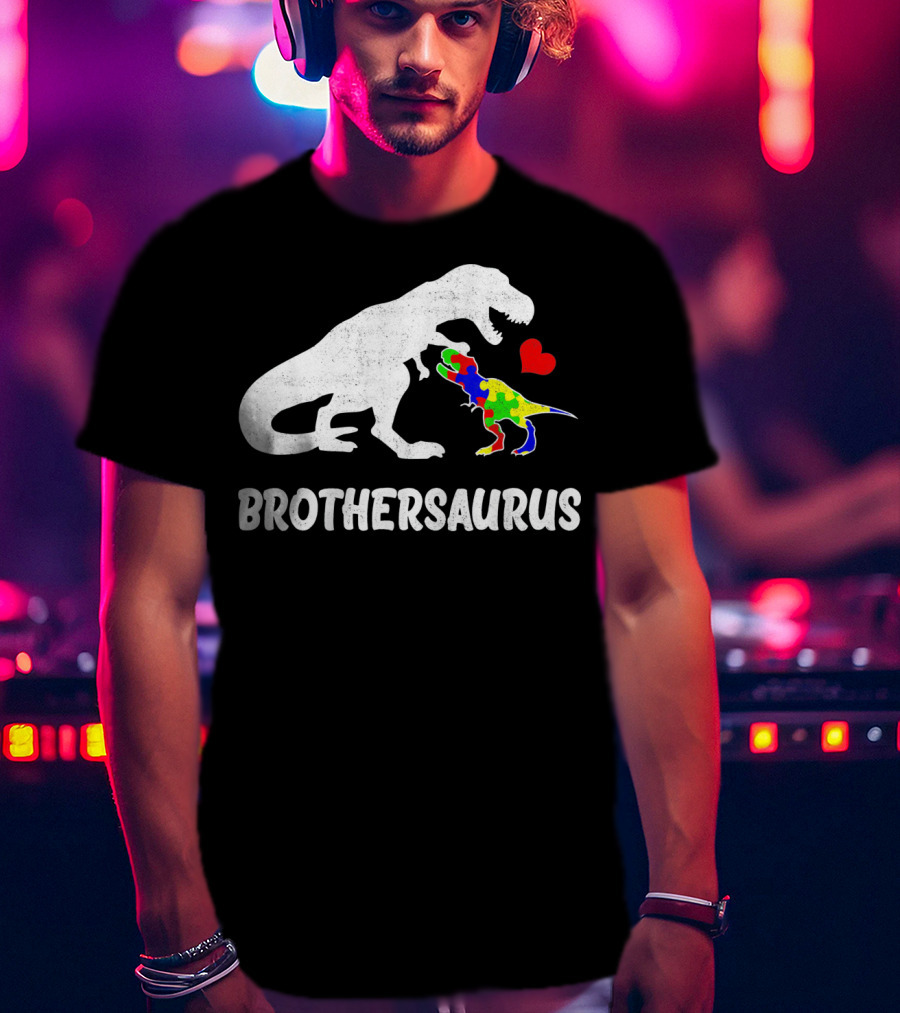Brothersaurus Strong Dinosaur Autism Heart Puzzle T-Shirt