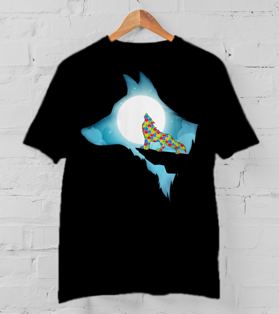 Wolf Wolf Autism Autism Awar Puzzle Wolf Moon T-Shirt