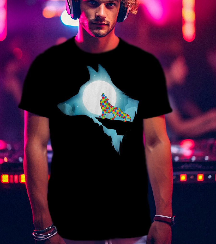 Wolf Wolf Autism Autism Awar Puzzle Wolf Moon T-Shirt