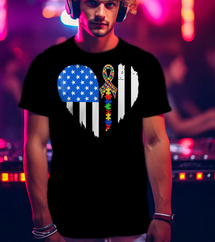 Autism Awareness Heart Shaped Flag With Puzzle Ribbon Be A Better Life T-Shirt