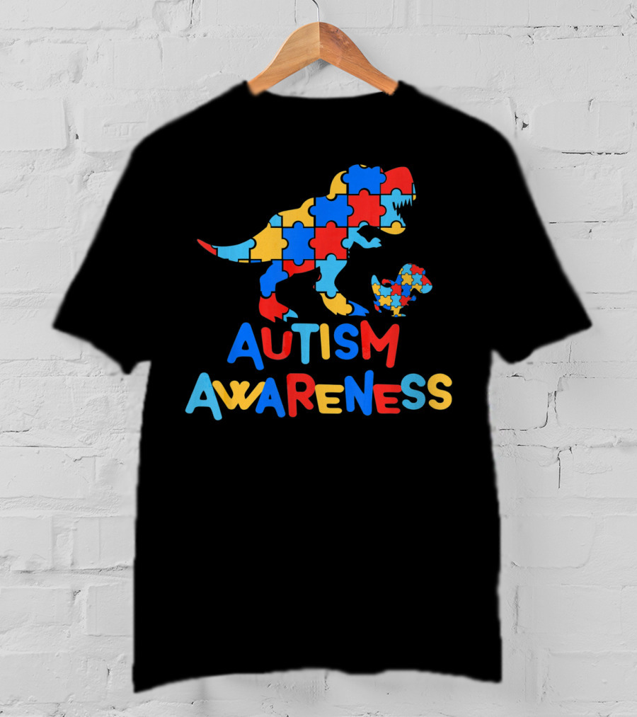 Dinosaur Puzzle Autism Awareness Colorful Piece T-Shirt