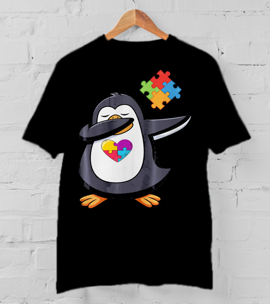 Penguin Dab Puzzle Piece Heart Autism Awareness T-Shirt