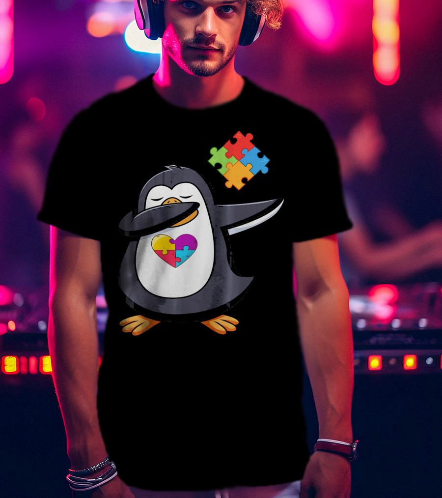 Penguin Dab Puzzle Piece Heart Autism Awareness T-Shirt