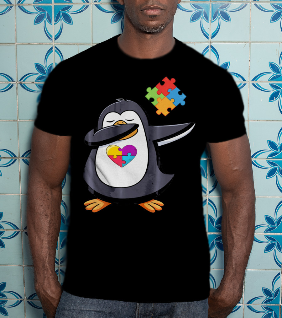 Penguin Dab Puzzle Piece Heart Autism Awareness T-Shirt