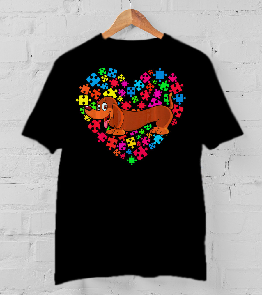 Autism Awareness Dachshund Dog Heart Puzzle Pieces T-Shirt