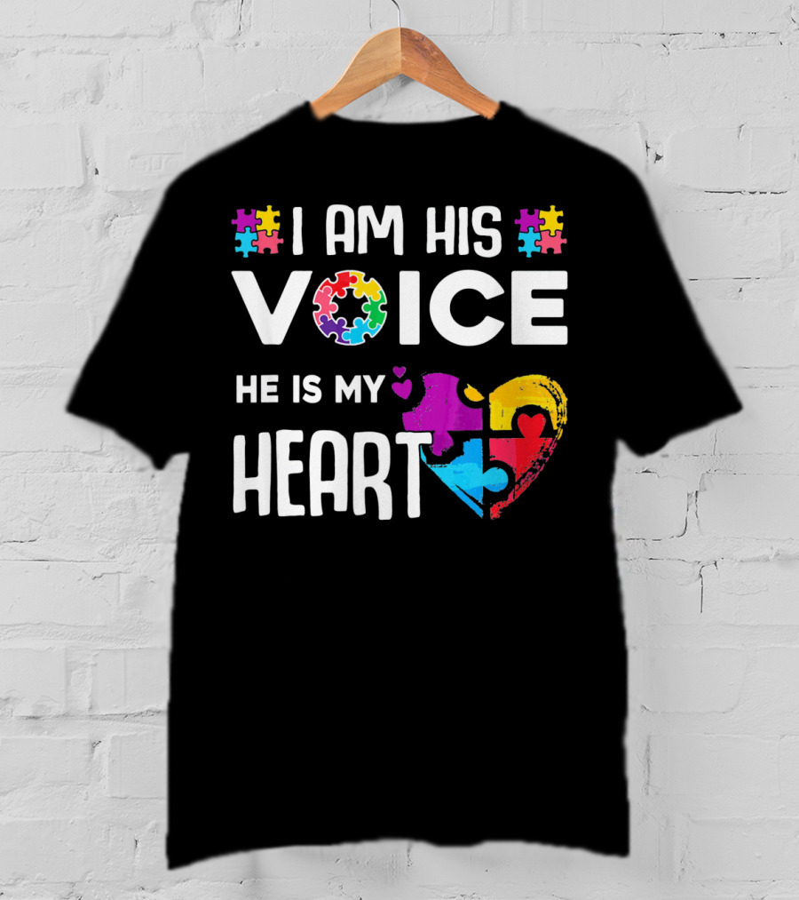 Autism Awareness I Am His Voice He Is My Heart Puzzle Piece Heart T-Shirt