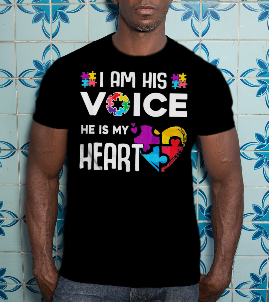 Autism Awareness I Am His Voice He Is My Heart Puzzle Piece Heart T-Shirt