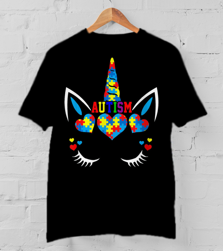 Autism Awareness Unicorn Puzzle Heart Colorful Ears T-Shirt