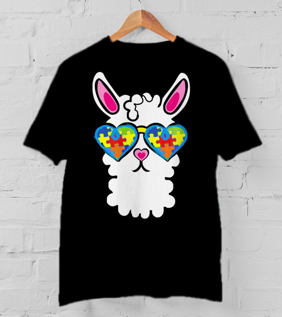 Autism Awareness Llama Heart Puzzle Sunglasses T-Shirt