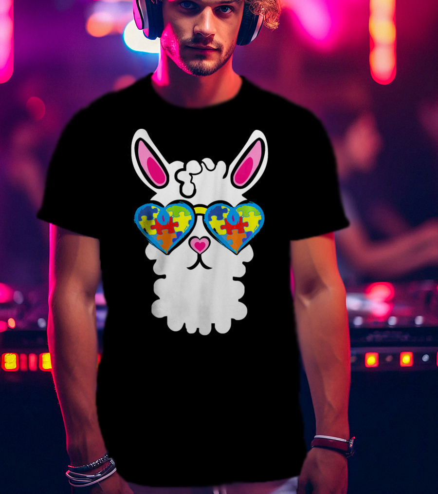 Autism Awareness Llama Heart Puzzle Sunglasses T-Shirt