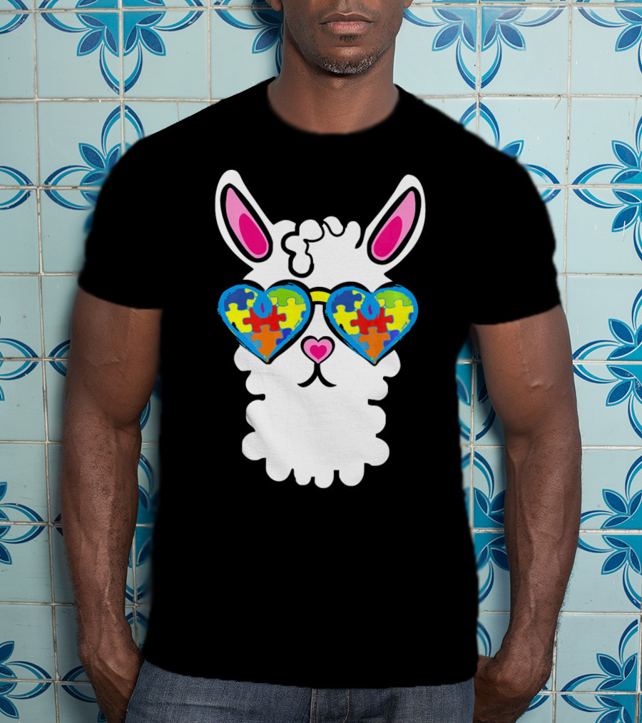 Autism Awareness Llama Heart Puzzle Sunglasses T-Shirt