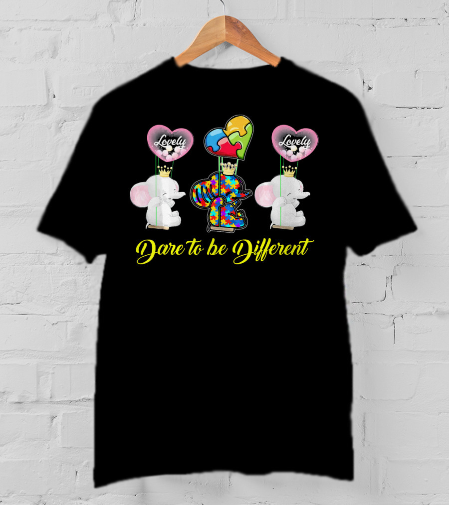 Lovely Dare To Be Different Autism Awareness Elephants With Heart Balloons T-Shirt