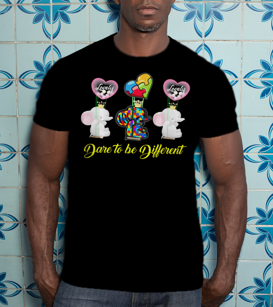 Lovely Dare To Be Different Autism Awareness Elephants With Heart Balloons T-Shirt