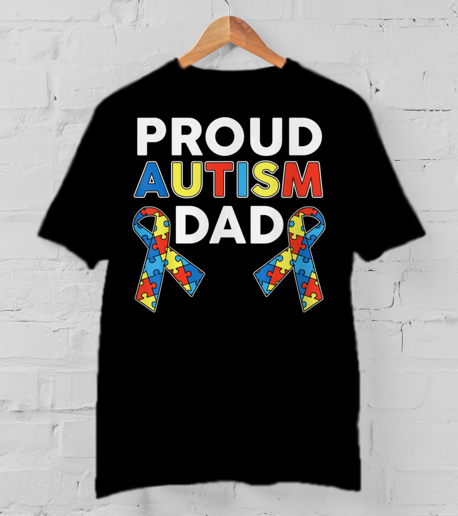 Proud Autism Dad Awareness Ribbon Puzzle T-Shirt