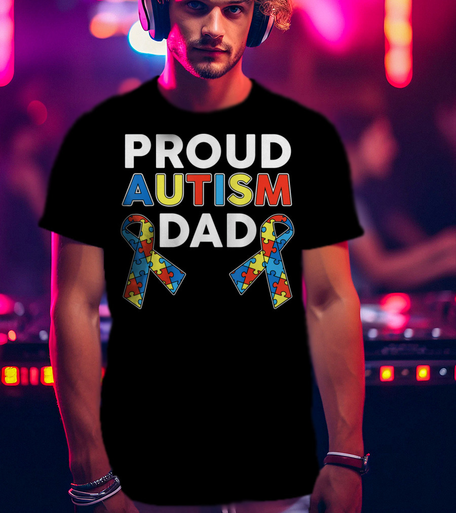 Proud Autism Dad Awareness Ribbon Puzzle T-Shirt