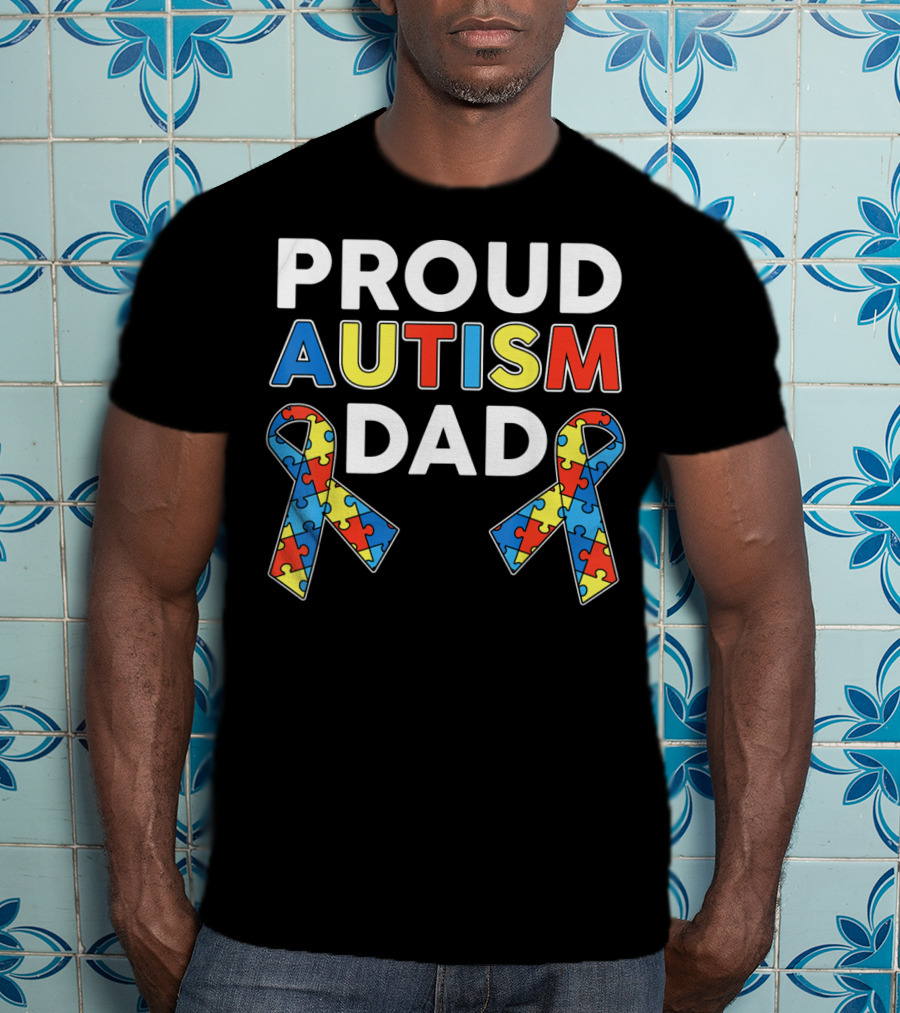 Proud Autism Dad Awareness Ribbon Puzzle T-Shirt