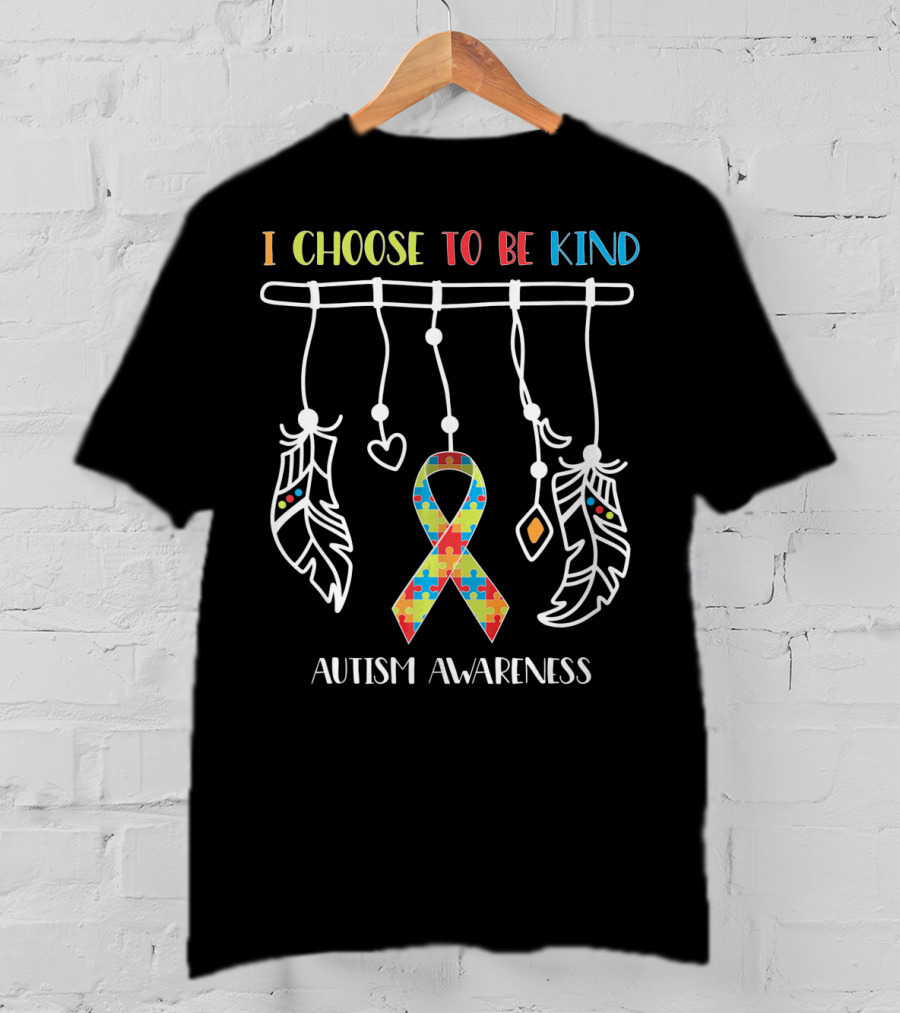 I Choose To Be Kind Autism Awareness Puzzle Ribbon With Dreamcatcher Feathers T-Shirt