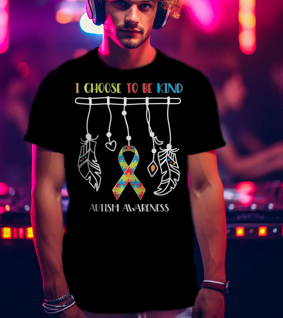 I Choose To Be Kind Autism Awareness Puzzle Ribbon With Dreamcatcher Feathers T-Shirt