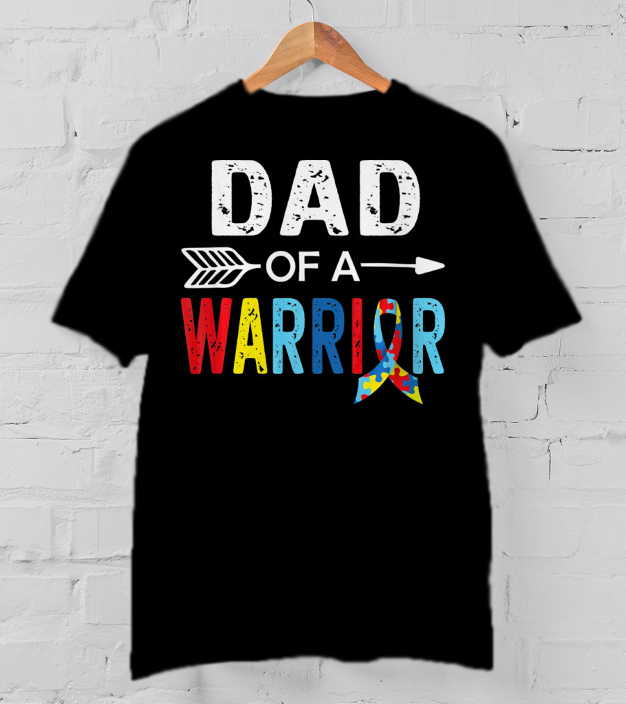 Dad Of A Warrior Autism Awareness Puzzle Ribbon Arrow T-Shirt