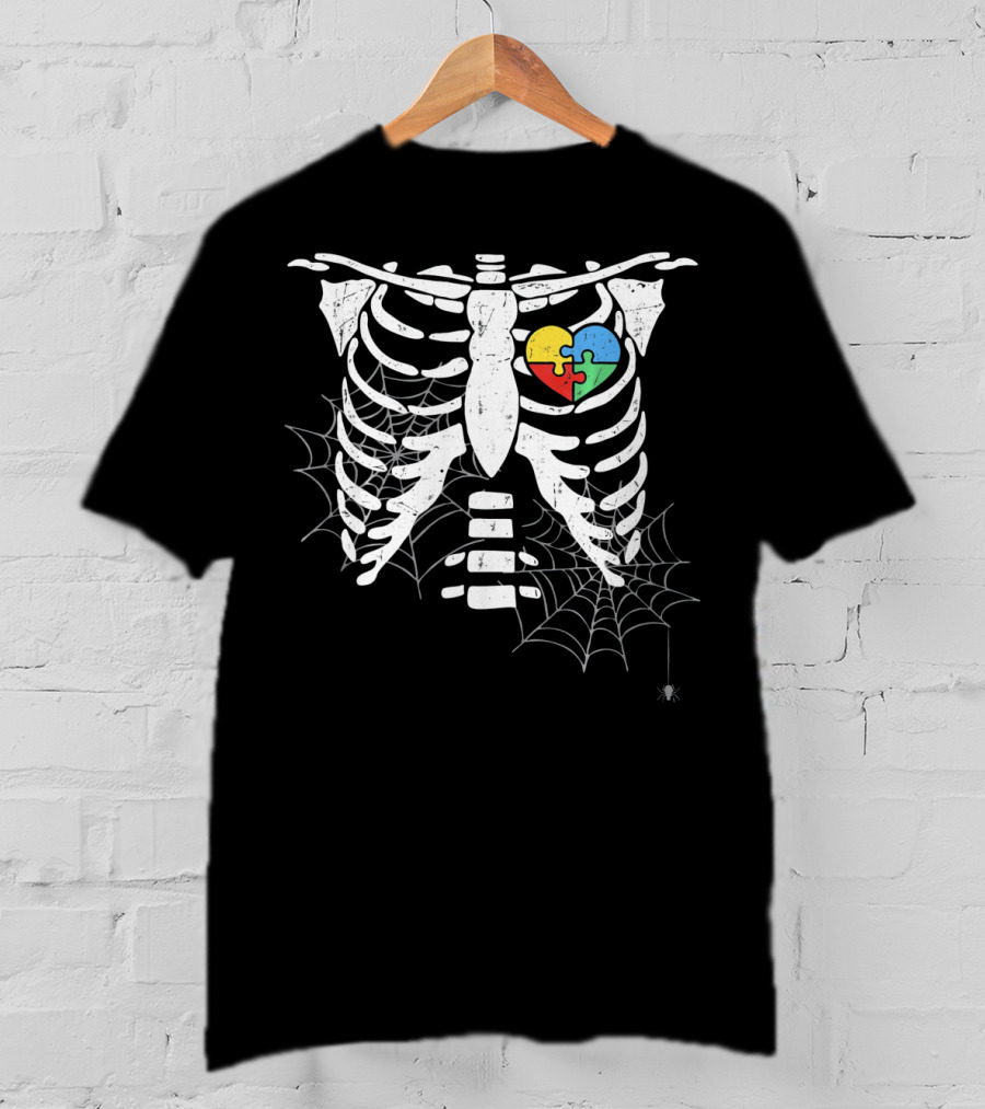 Autism Awareness Halloween Rib Cage With Heart Puzzle And Spider Webs T-Shirt