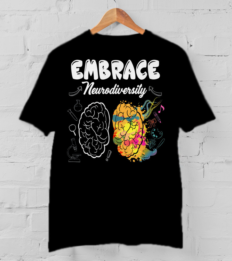 Embrace Neurodiversity Brain Autism Awareness Colorful Science Music Art Icons T-Shirt
