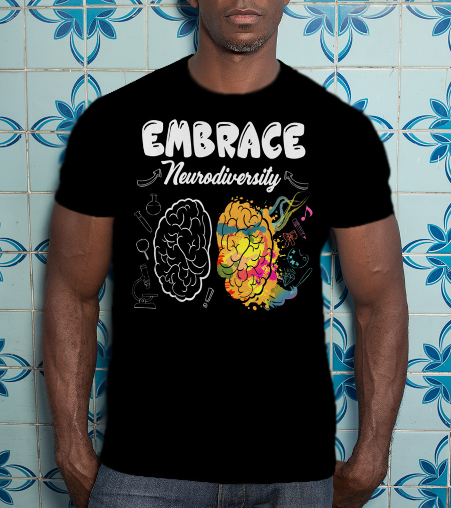 Embrace Neurodiversity Brain Autism Awareness Colorful Science Music Art Icons T-Shirt