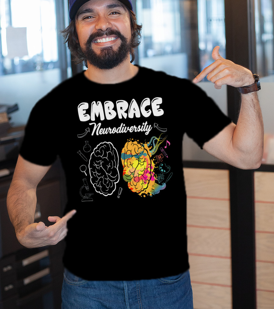 Embrace Neurodiversity Brain Autism Awareness Colorful Science Music Art Icons T-Shirt