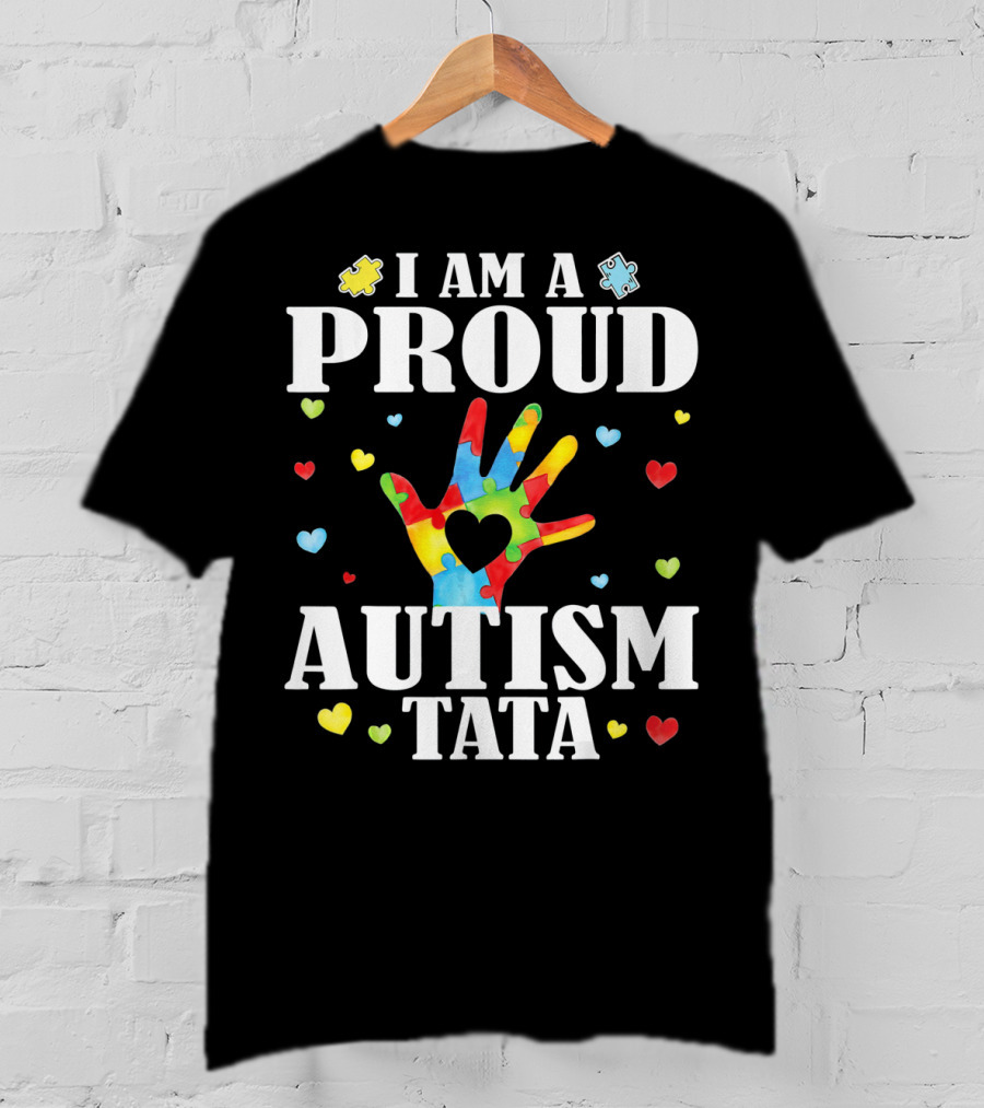 I Am A Proud Autism Tata Big Hand Hearts Puzzle Pieces T-Shirt