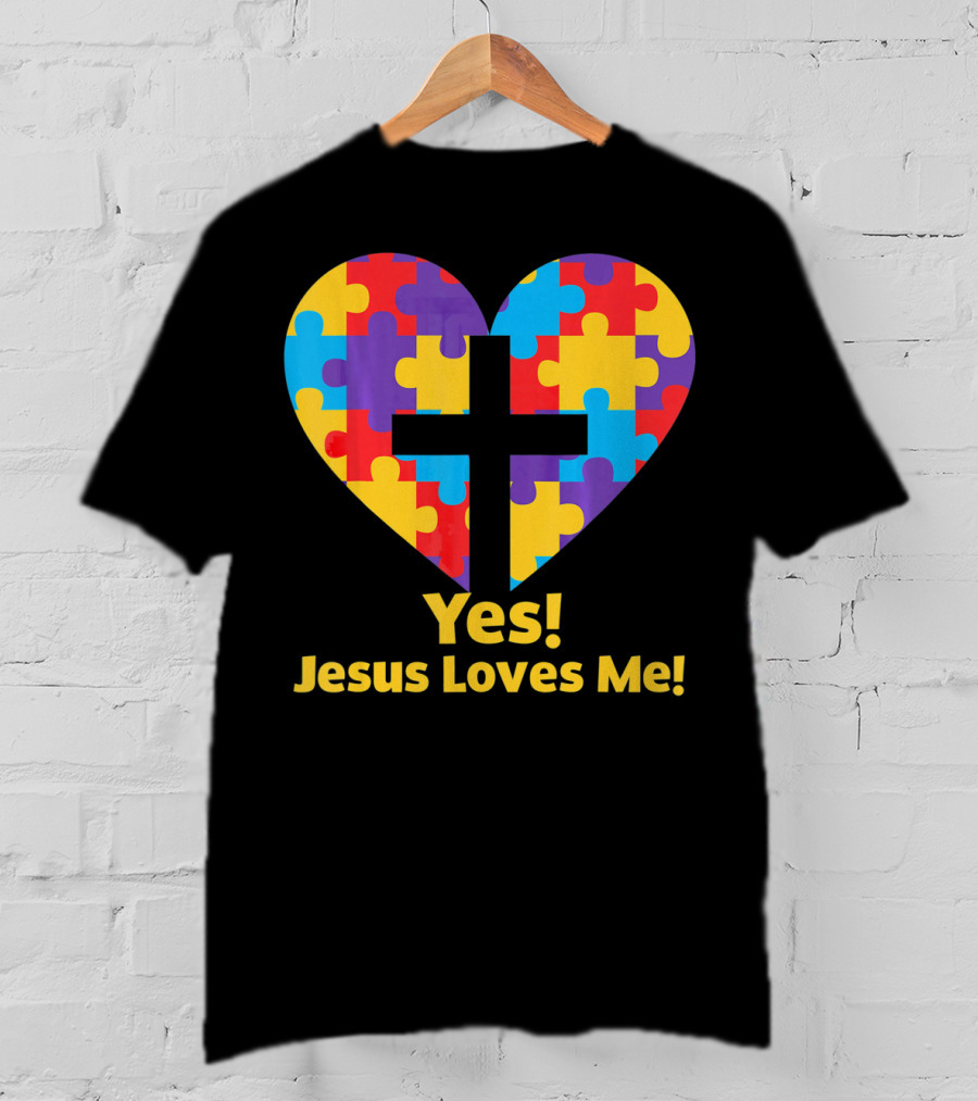 Yes Jesus Loves Me Autism Awareness Catholic Christian Cross Heart Puzzle T-Shirt