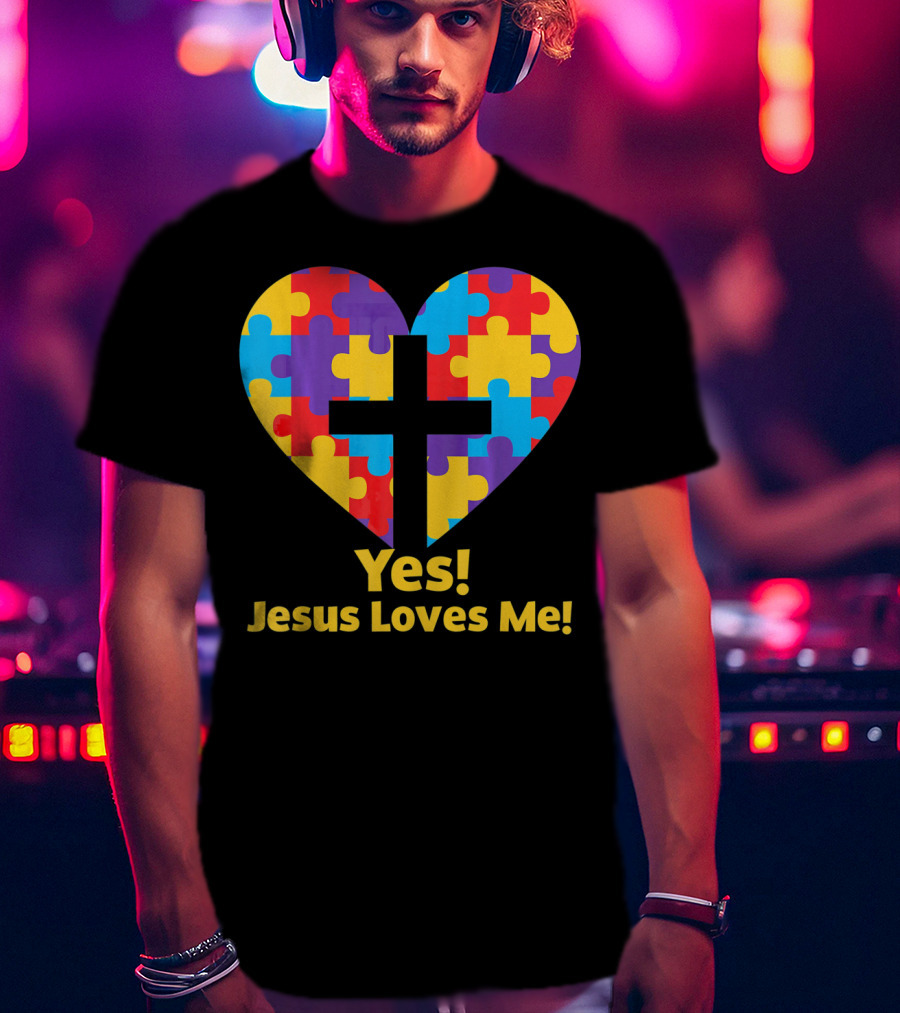 Yes Jesus Loves Me Autism Awareness Catholic Christian Cross Heart Puzzle T-Shirt
