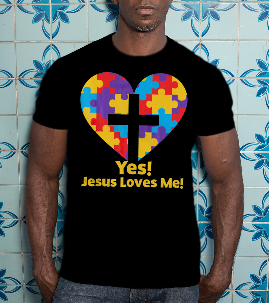 Yes Jesus Loves Me Autism Awareness Catholic Christian Cross Heart Puzzle T-Shirt
