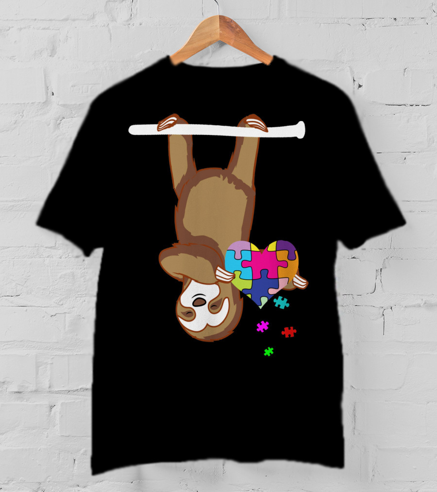 Sloth Holding Puzzle Heart Autism Awareness T-Shirt
