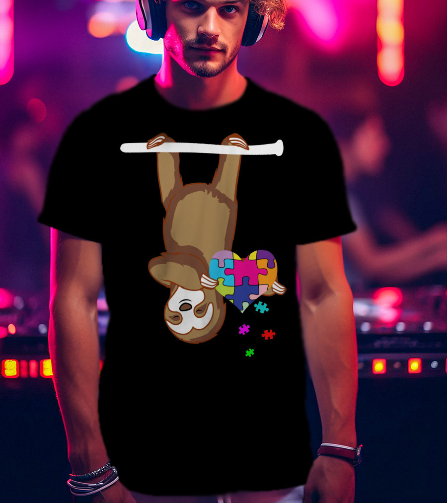 Sloth Holding Puzzle Heart Autism Awareness T-Shirt