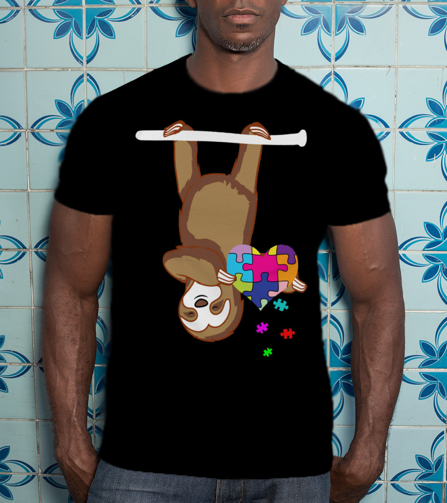 Sloth Holding Puzzle Heart Autism Awareness T-Shirt
