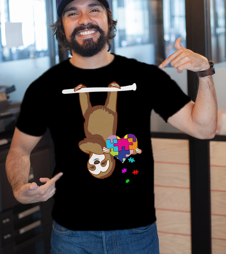 Sloth Holding Puzzle Heart Autism Awareness T-Shirt