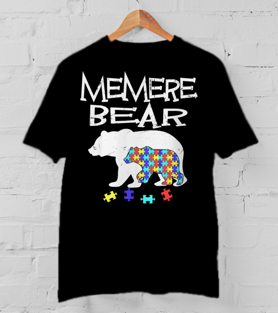 Memere Bear Autism Awareness Puzzle Pieces T-Shirt